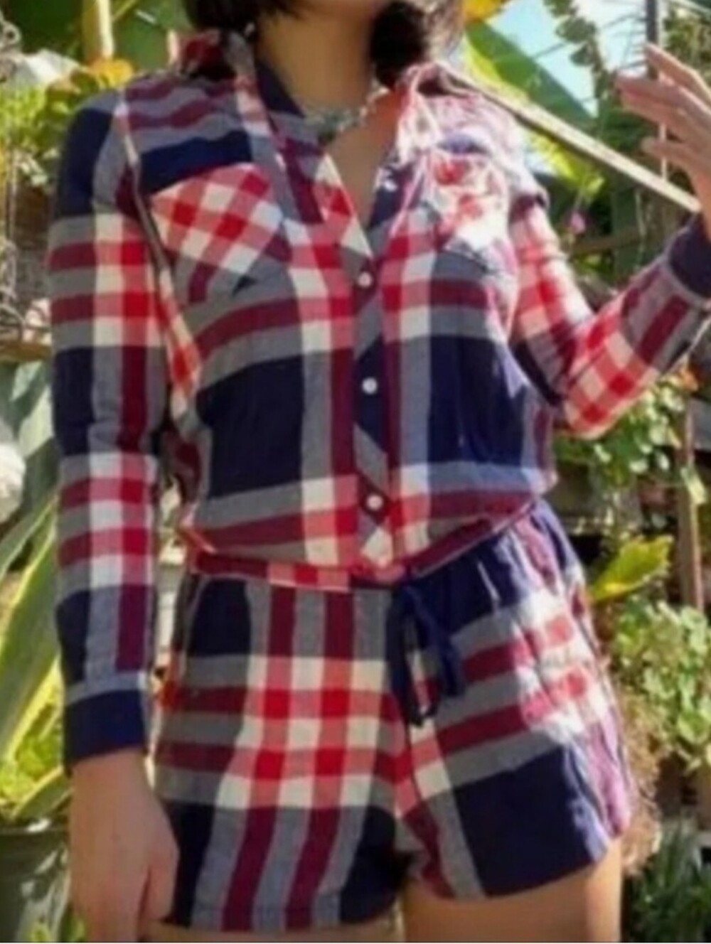 Aerie- Blue/Red & White Flannel Shorts Romper-Sleepwear Intimates Sz.Med. Cotton